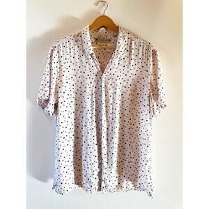 AllSaints Amore Heart Print Short Sleeve Button-Up Camp Shirt Pink Black Heart M